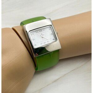 Green Opaque Womens Wide Cuff Watch Silver Tone Square Face Cannes Retro 80s